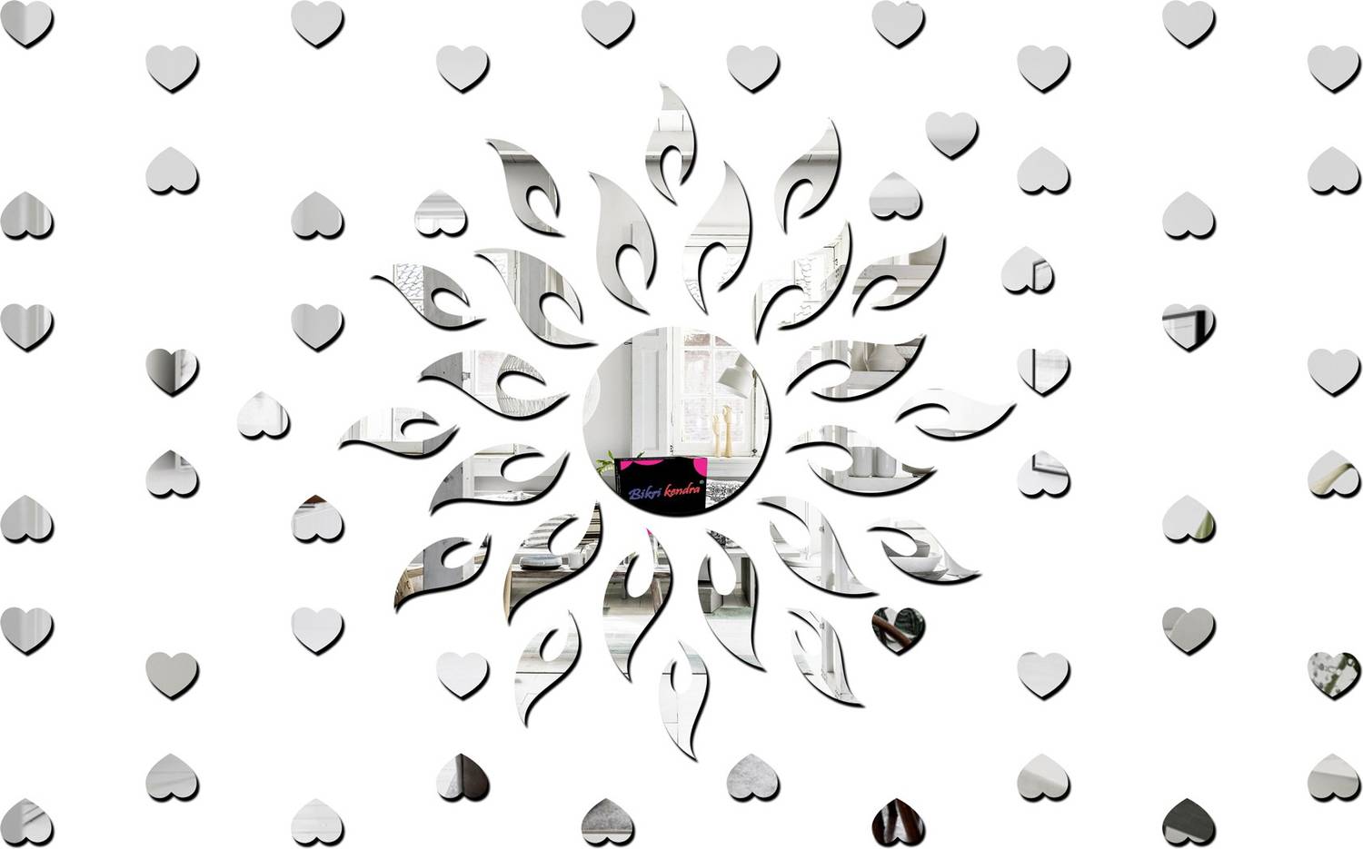 Bikri Kendra 100 cm sun silver with 50 hearts silver - 3D acrylic mirror wall stickers Self Adhesive Sticker