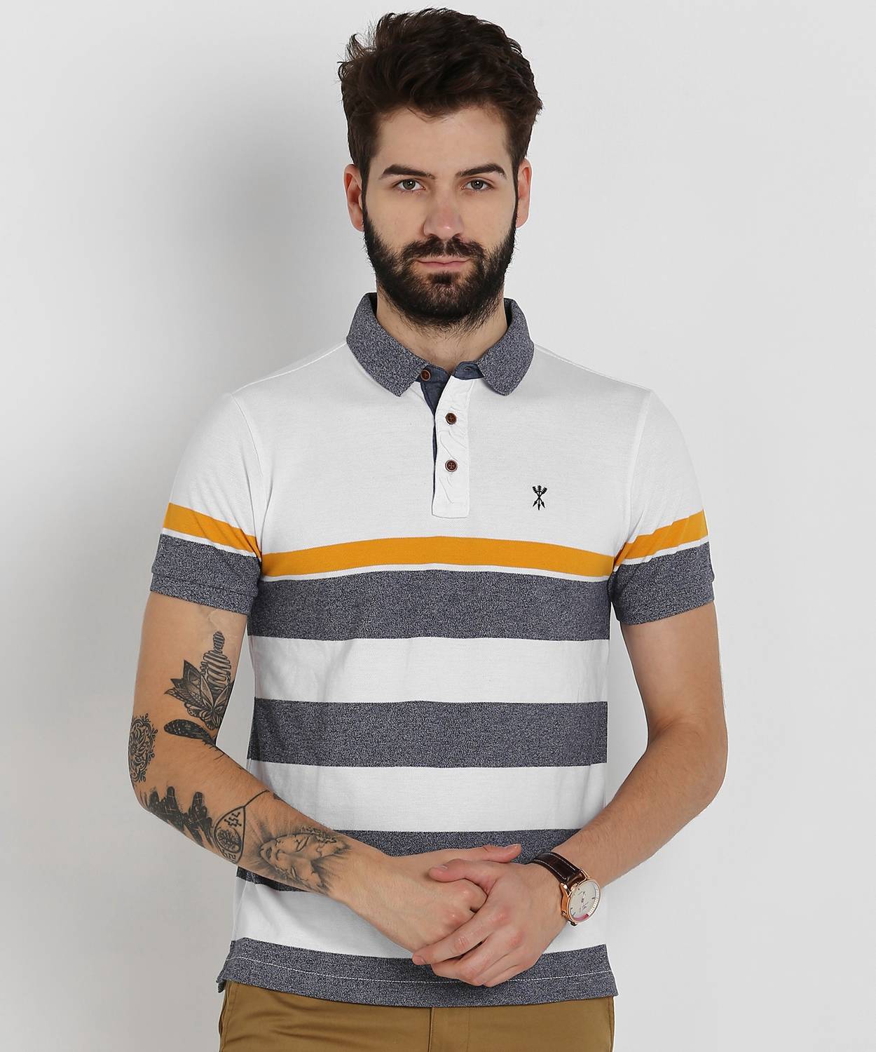 Arrow Jeans Striped Men Polo Neck White, Grey T-Shirt