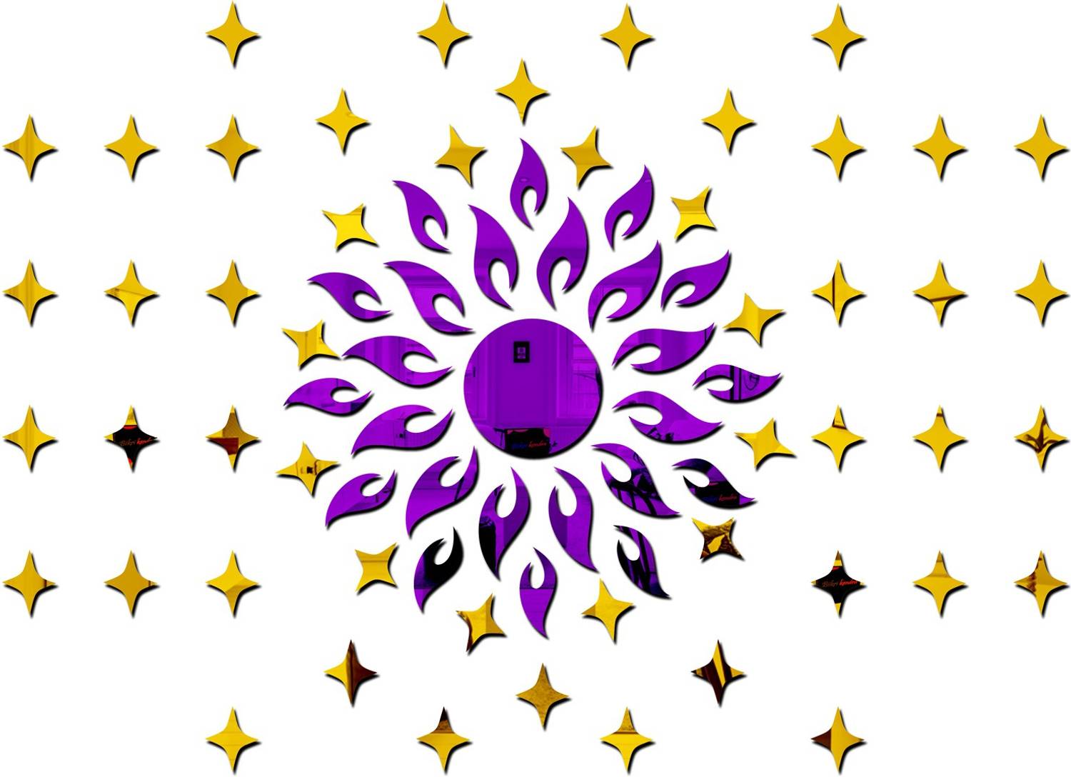 Bikri Kendra 100 cm sun golden with star purple - 3D acrylic mirror wall stickers Self Adhesive Sticker