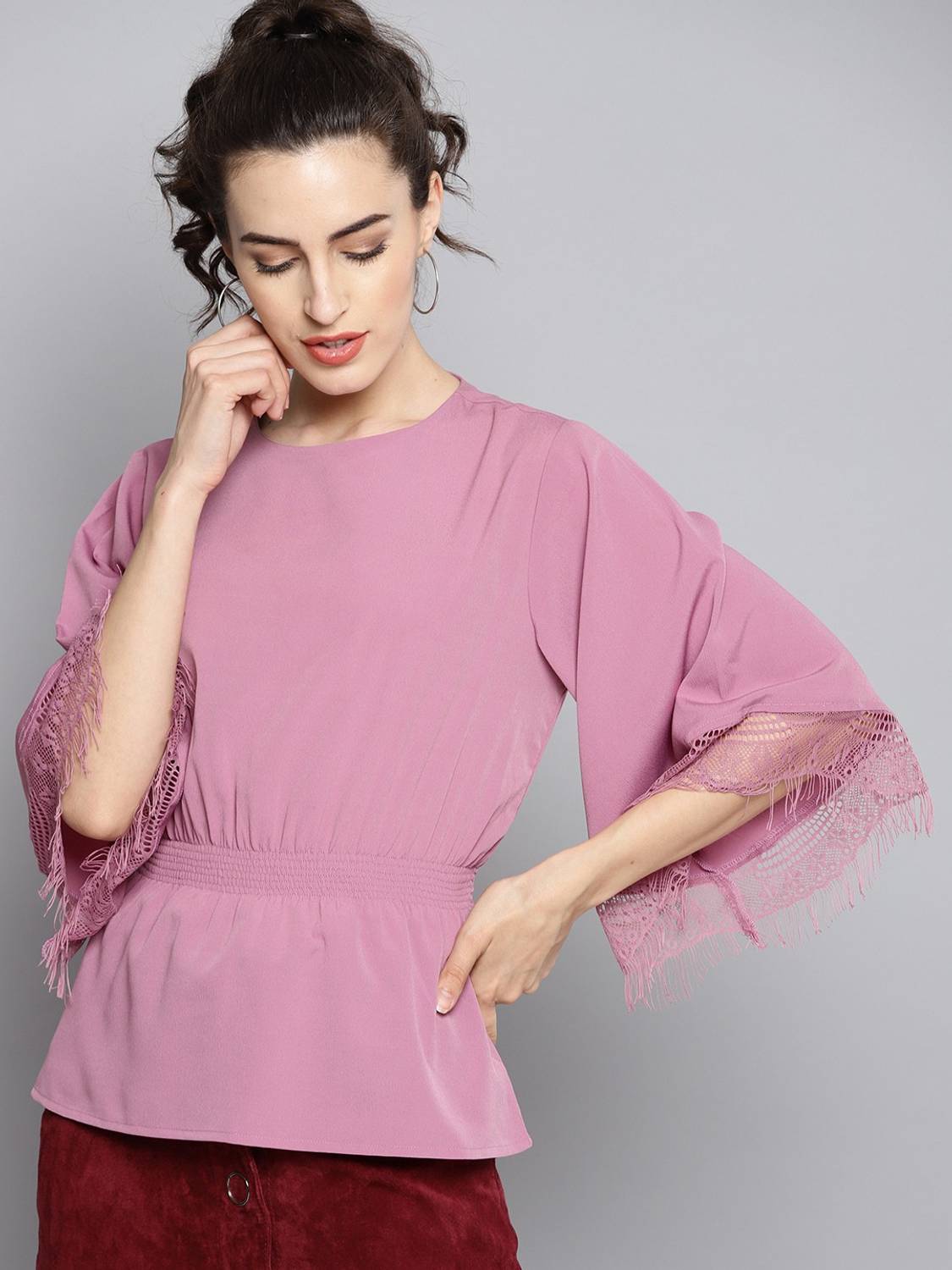 CARLTON LONDON Casual Flutter Sleeve Solid, Lace Women Purple Top