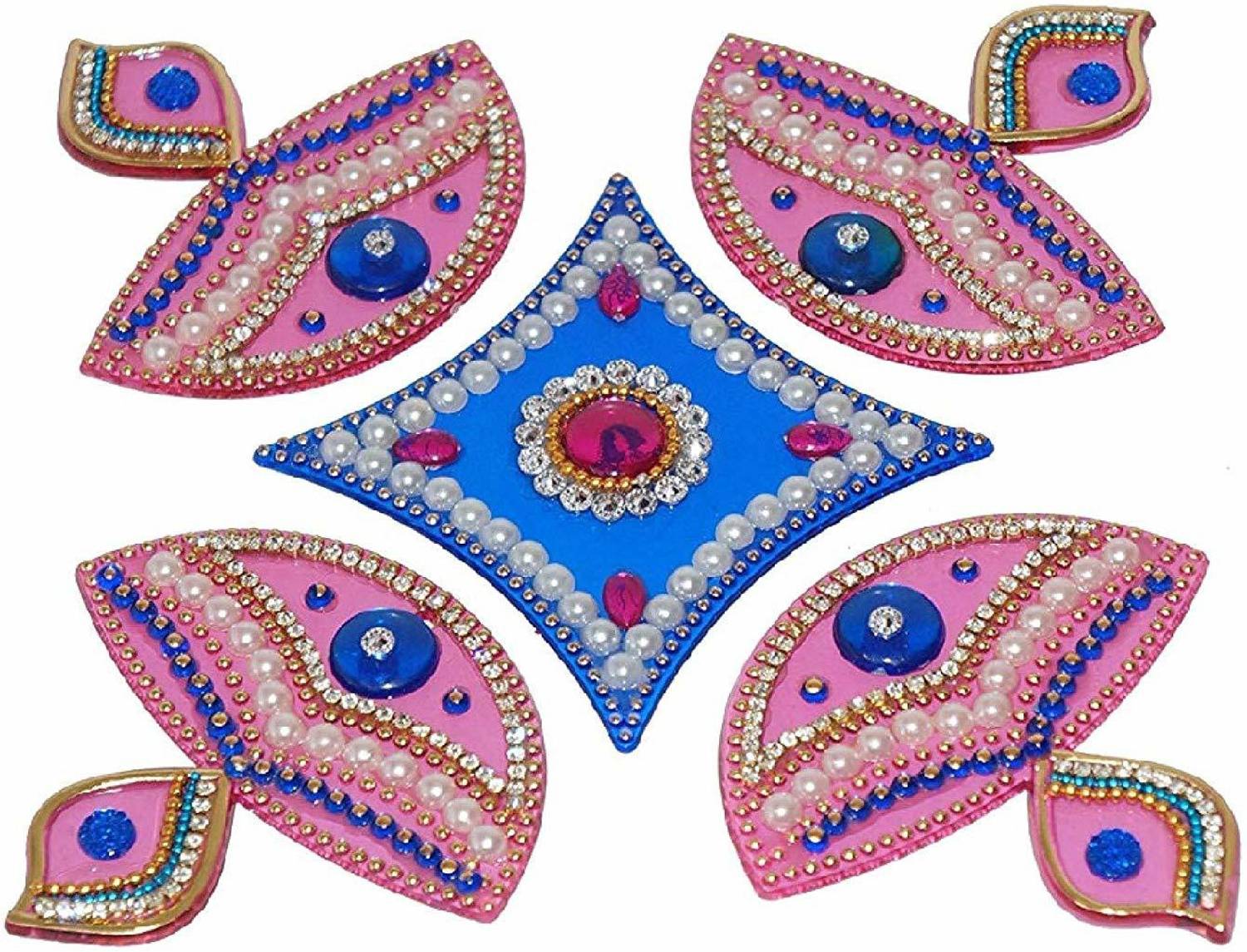 BDS CREATIONS 051 Multi Designer Handcrafted Decorative Diya Diwali Rearrangable Kundan Rangoli for Floor Decoration - 05 Piece Set Rangoli Stencil