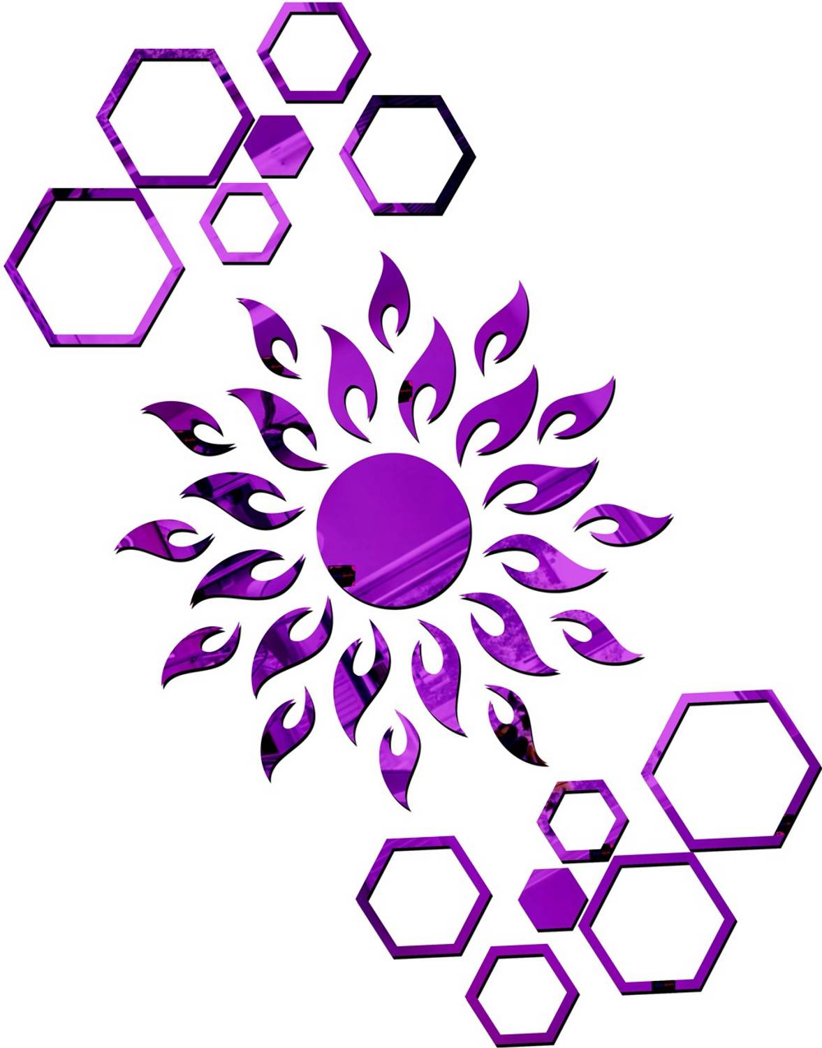 Bikri Kendra 100 cm sun purple with hexagon rings purple 2 set - 3D acrylic mirror wall stickers Self Adhesive Sticker