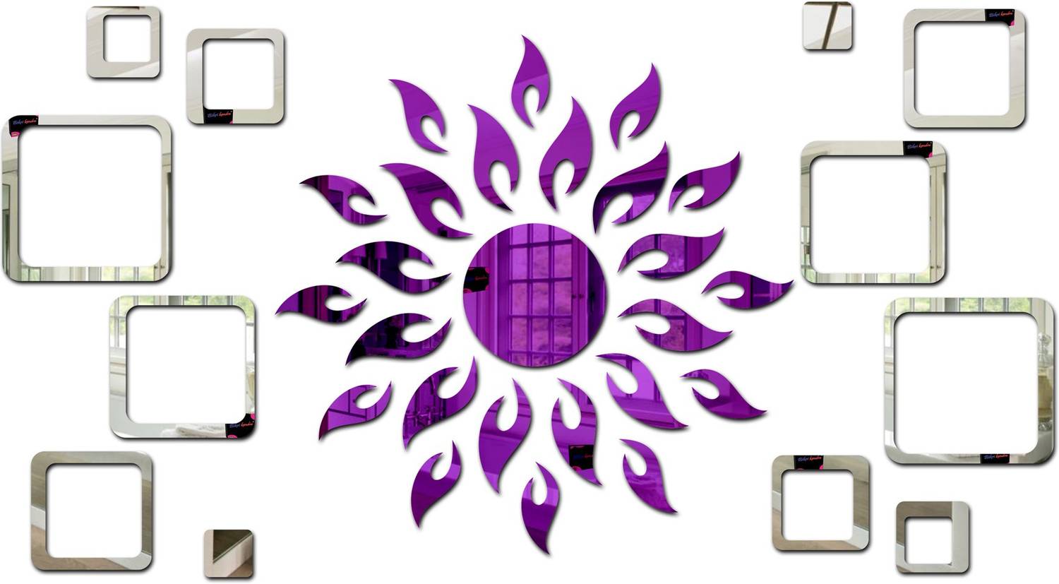 Bikri Kendra 100 cm sun purple with square 2 set silver - 3D acrylic mirror wall stickers Self Adhesive Sticker