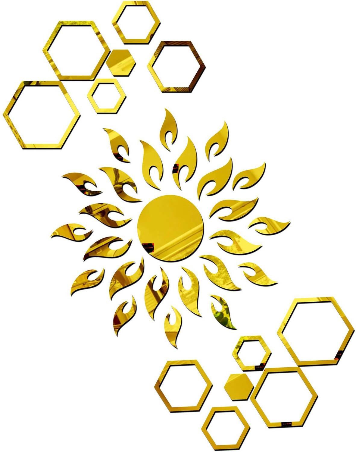 Bikri Kendra 100 cm sun golden with hexagon rings golden 2 set - wall stickers Self Adhesive Sticker