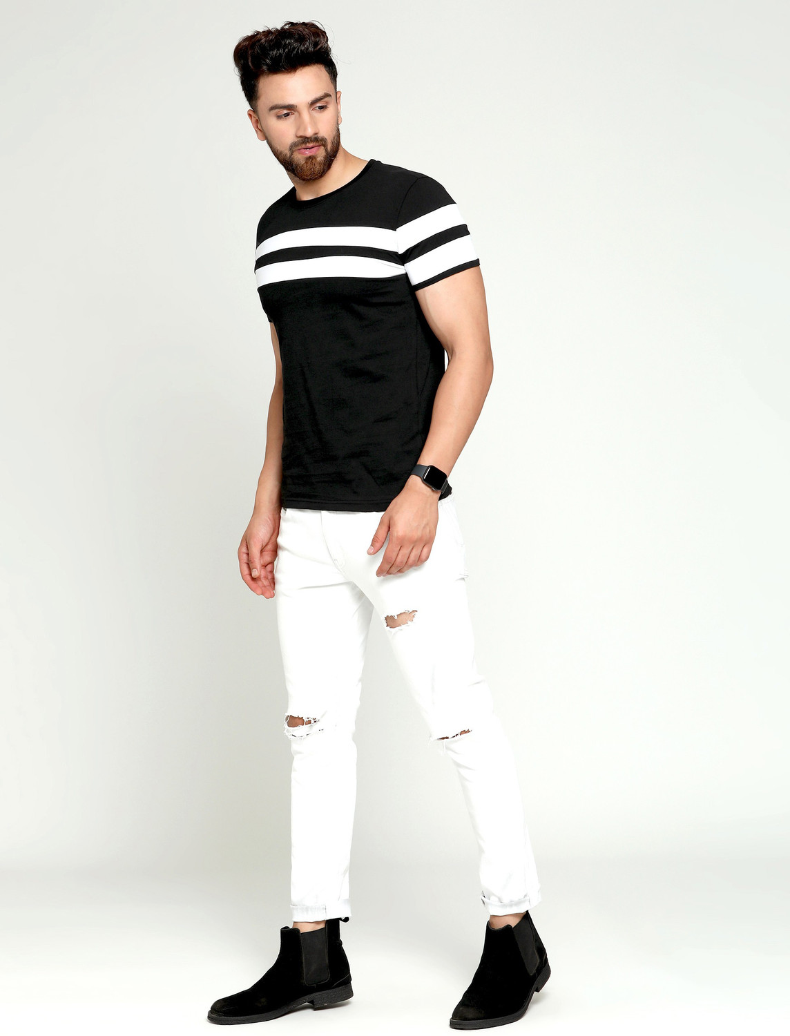 Image of AUSK Colorblock Men Round Neck White, Black T-Shirt