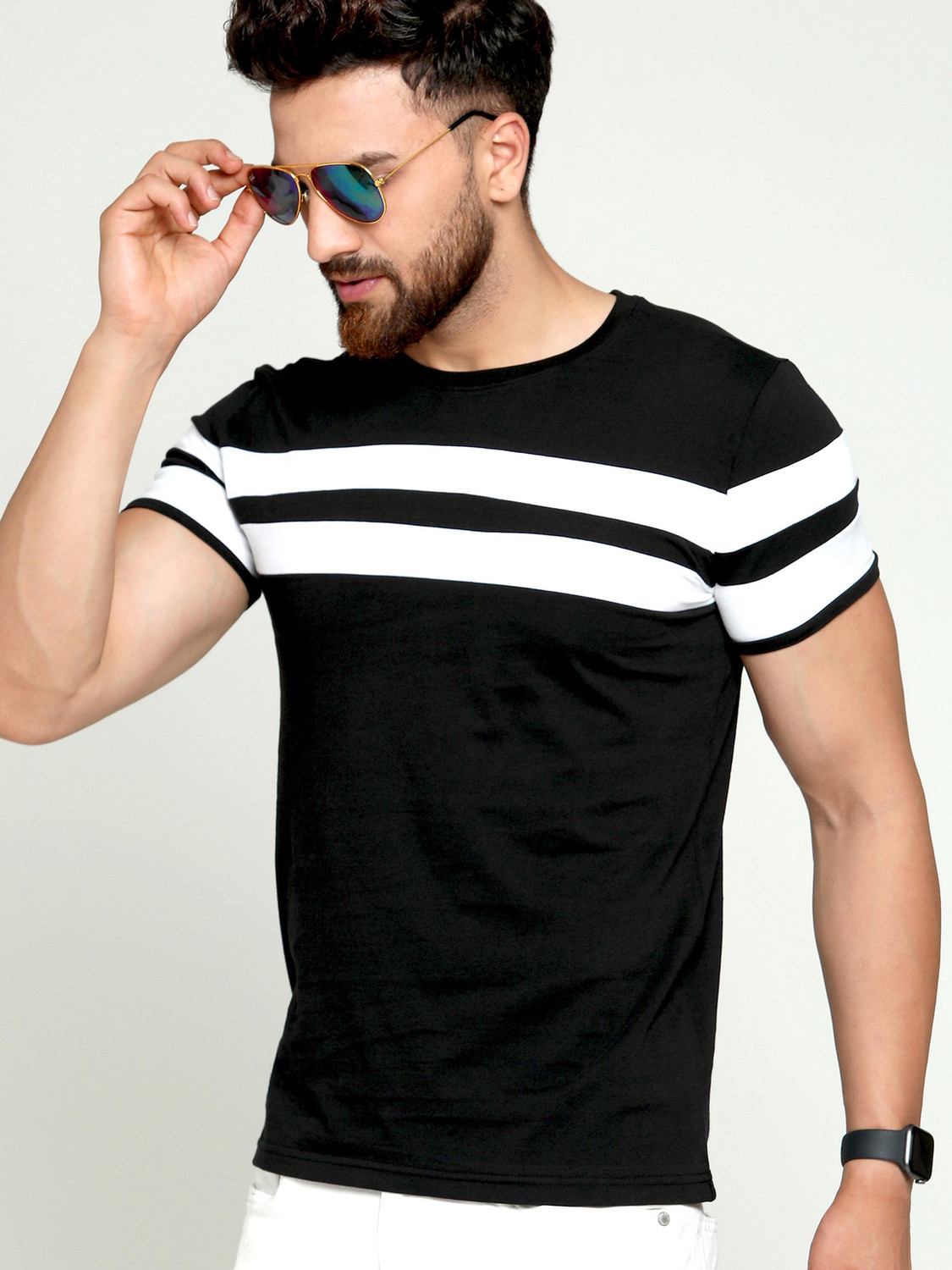 Image of AUSK Colorblock Men Round Neck White, Black T-Shirt