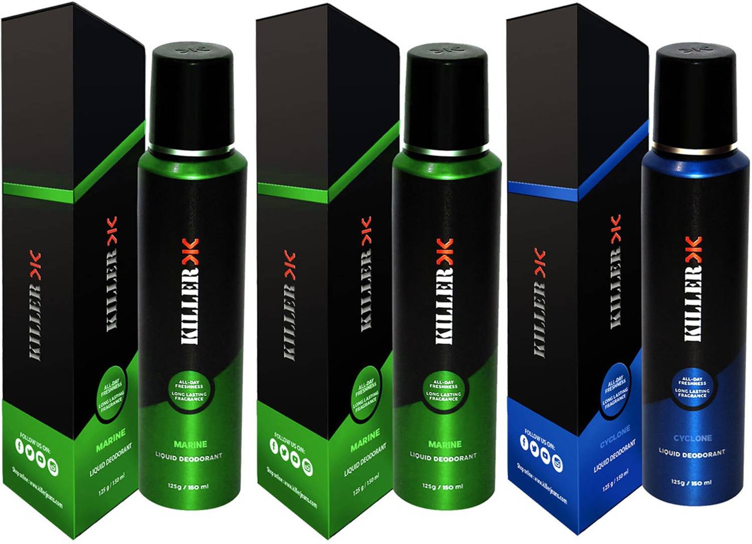 KILLER CYCLONE, MARINE ,MARINE Deodorant Spray - For Men (450 ml, Pack of 3) Body Spray - For Men & Women (450 ml, Pack of 3) Deodorant Spra at ₹351 – Flipkart
