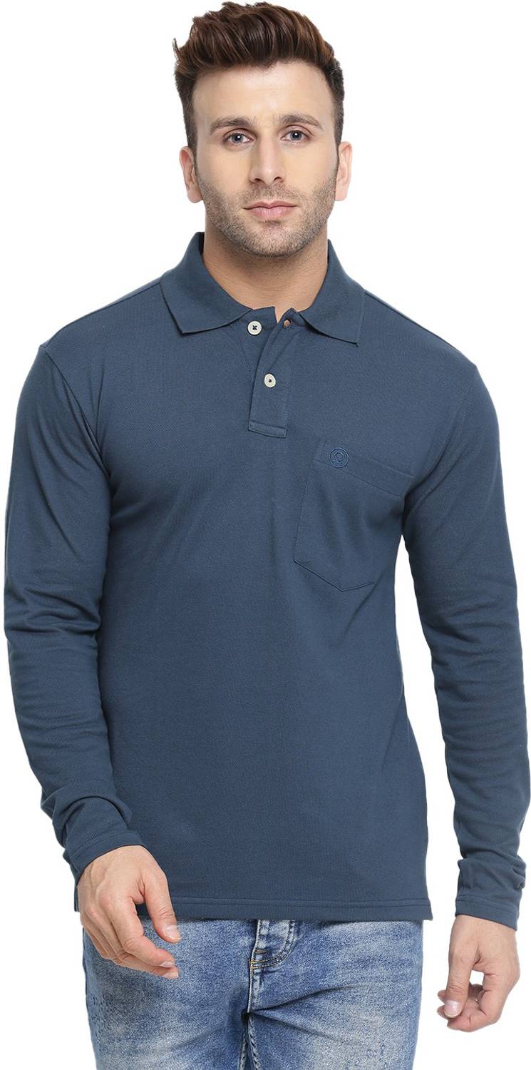 CHKOKKO Solid Men Polo Neck Blue T-Shirt