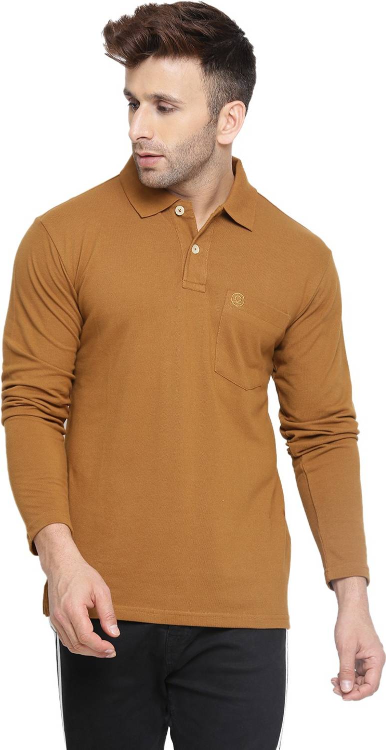 CHKOKKO Solid Men Polo Neck Brown T-Shirt