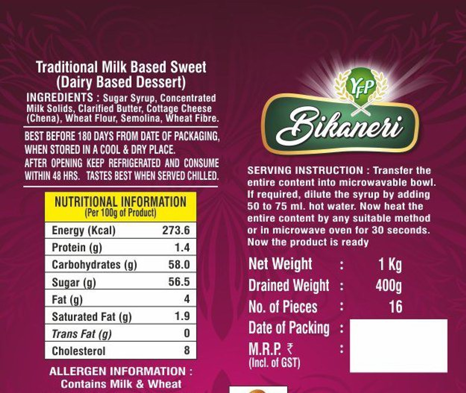Image of yfp bikaneri GULAB JAMUN 1Kg Tin