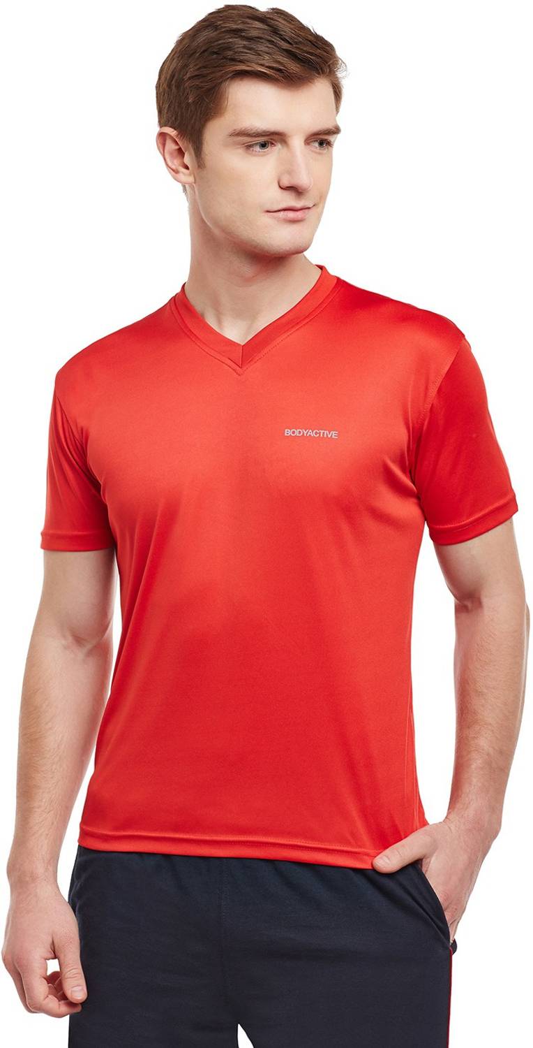 BODYACTIVE Solid Men V Neck Red T-Shirt