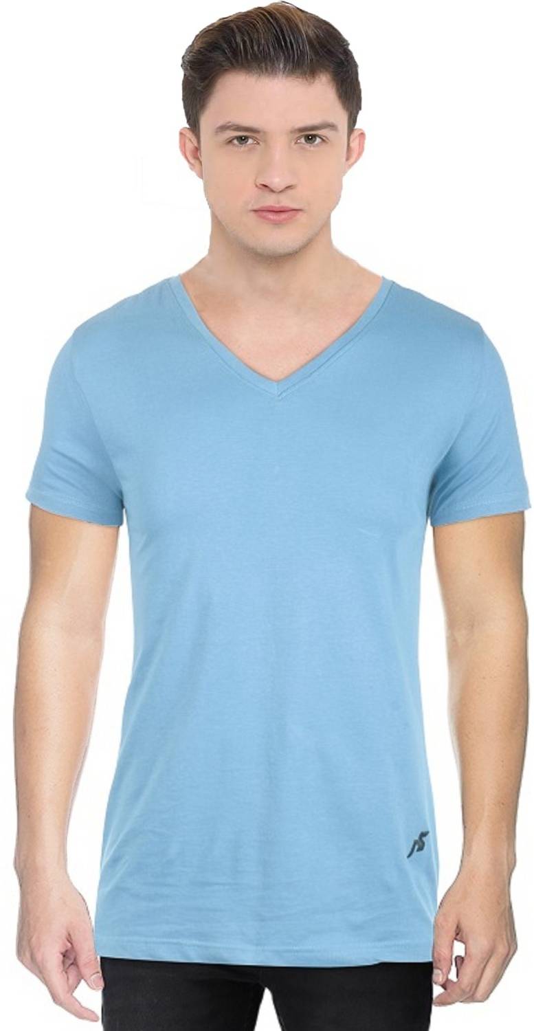 ALLYGATER Solid Men V Neck Light Blue T-Shirt