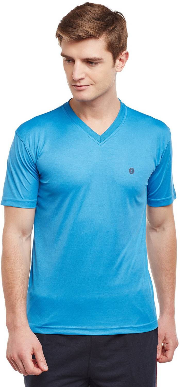 BODYACTIVE Solid Men V Neck Blue T-Shirt
