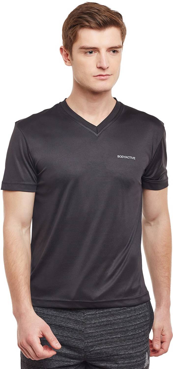 BODYACTIVE Solid Men V Neck Black T-Shirt
