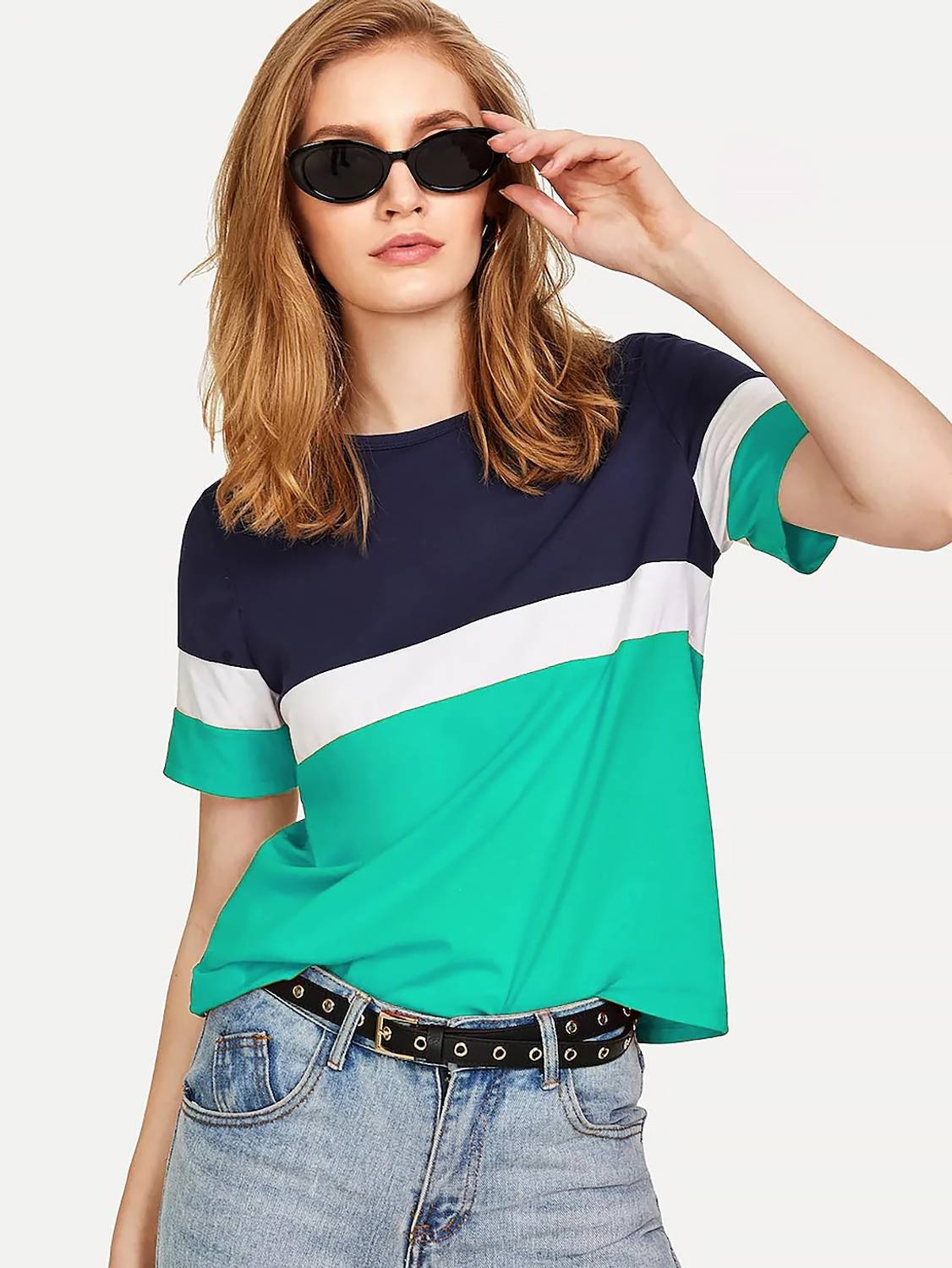 Alfa Fashion Casual Half Sleeve Color Block Women Light Green Top