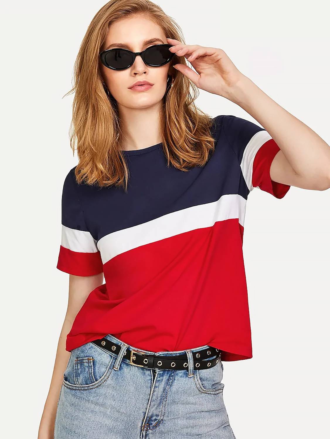 Alfa Fashion Casual Half Sleeve Color Block Women Red Top