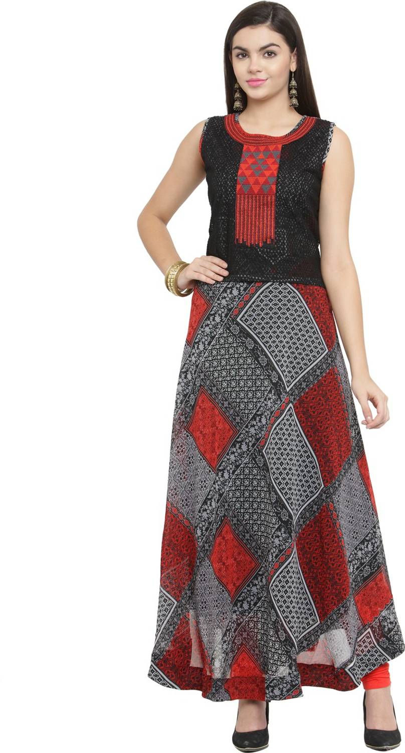 AD4U Women Printed Georgette Flared Kurta (Multicolor)