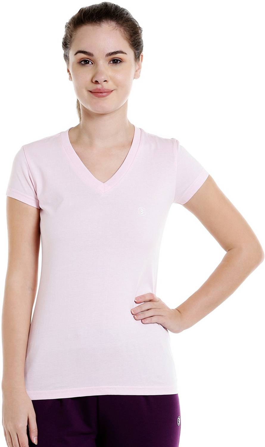 BODYACTIVE Solid Women V Neck Pink T-Shirt