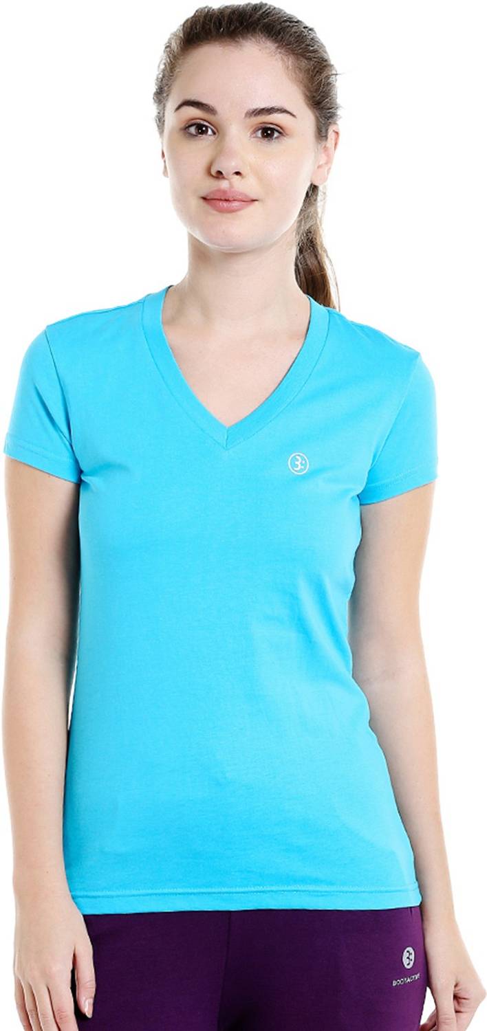 BODYACTIVE Solid Women V Neck Blue T-Shirt