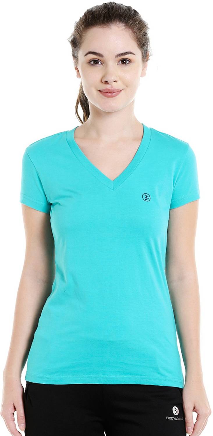 BODYACTIVE Solid Women V Neck Green T-Shirt