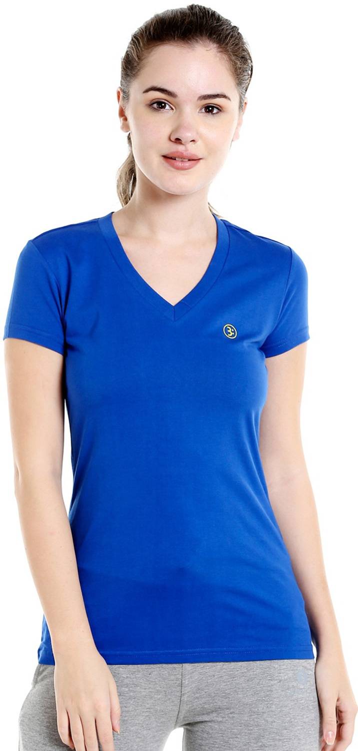 BODYACTIVE Solid Women V Neck Blue T-Shirt