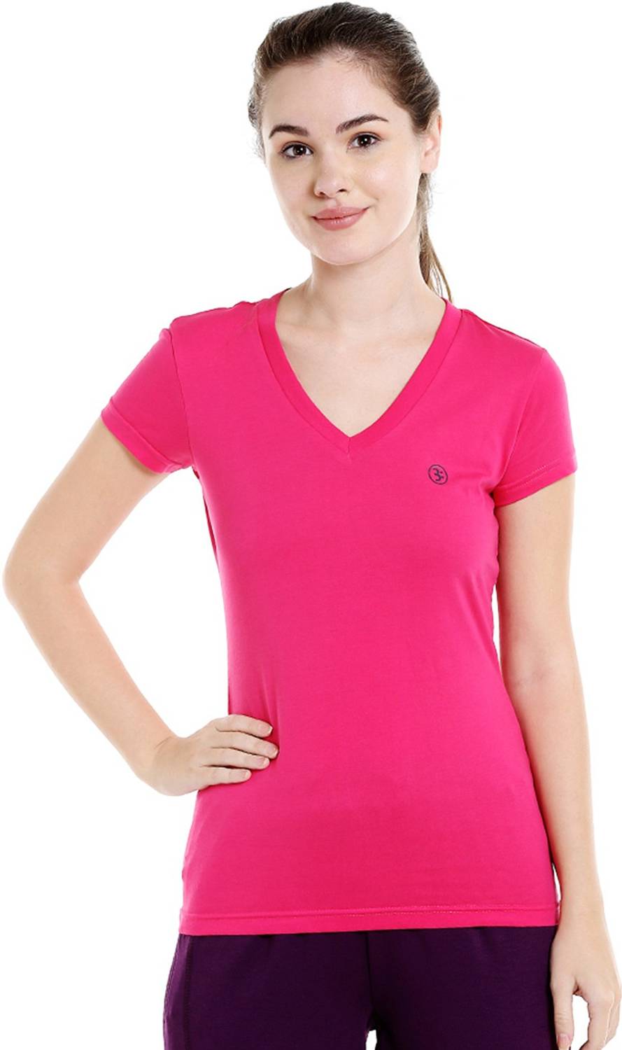 BODYACTIVE Solid Women V Neck Pink T-Shirt