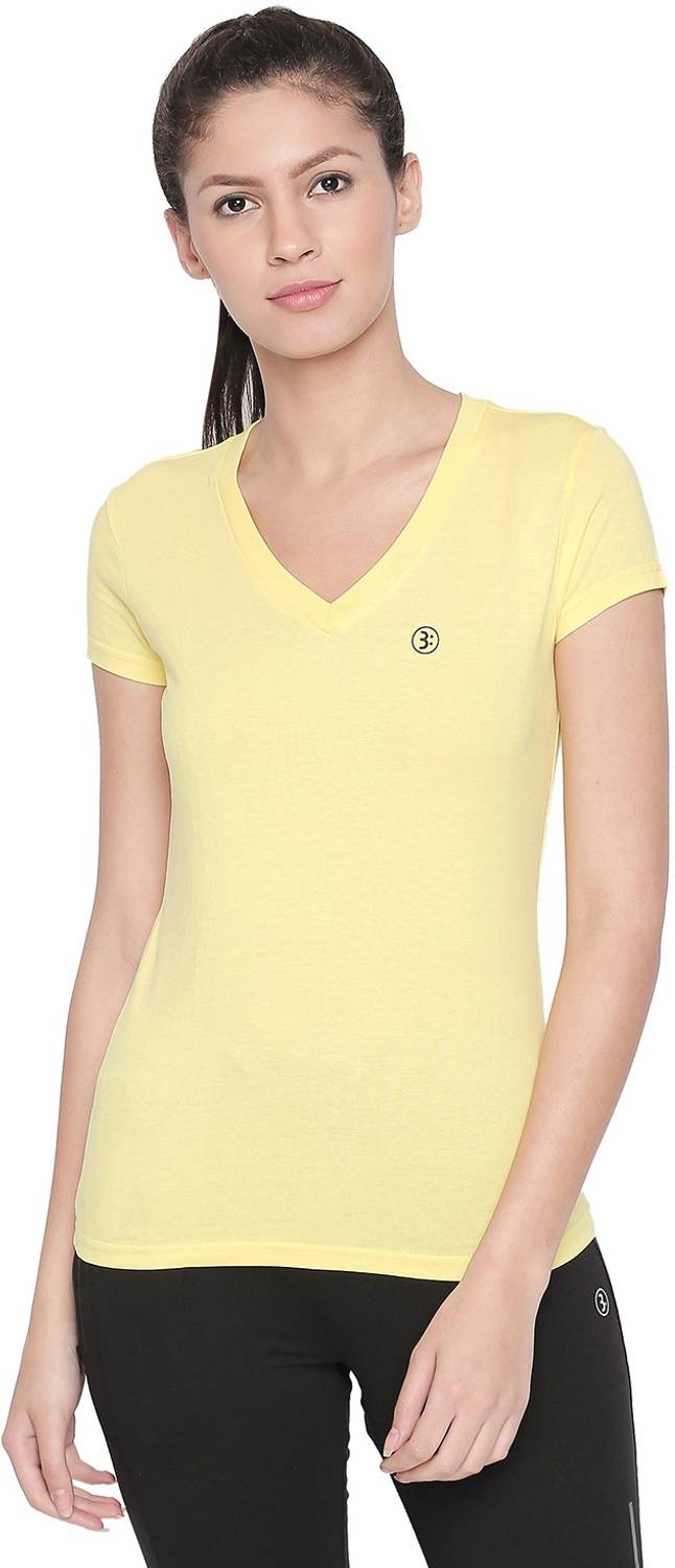 BODYACTIVE Solid Women V Neck Yellow T-Shirt