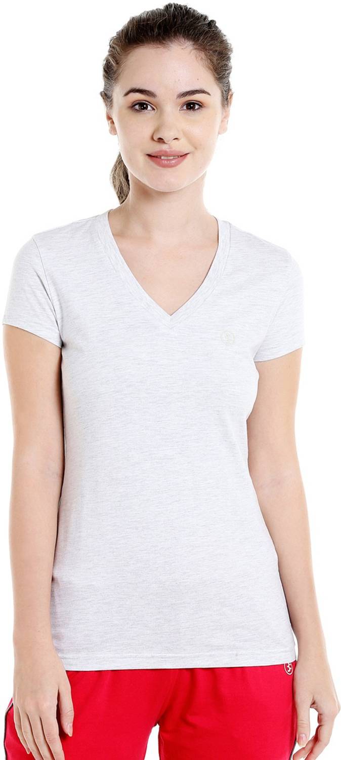 BODYACTIVE Solid Women V Neck Grey T-Shirt
