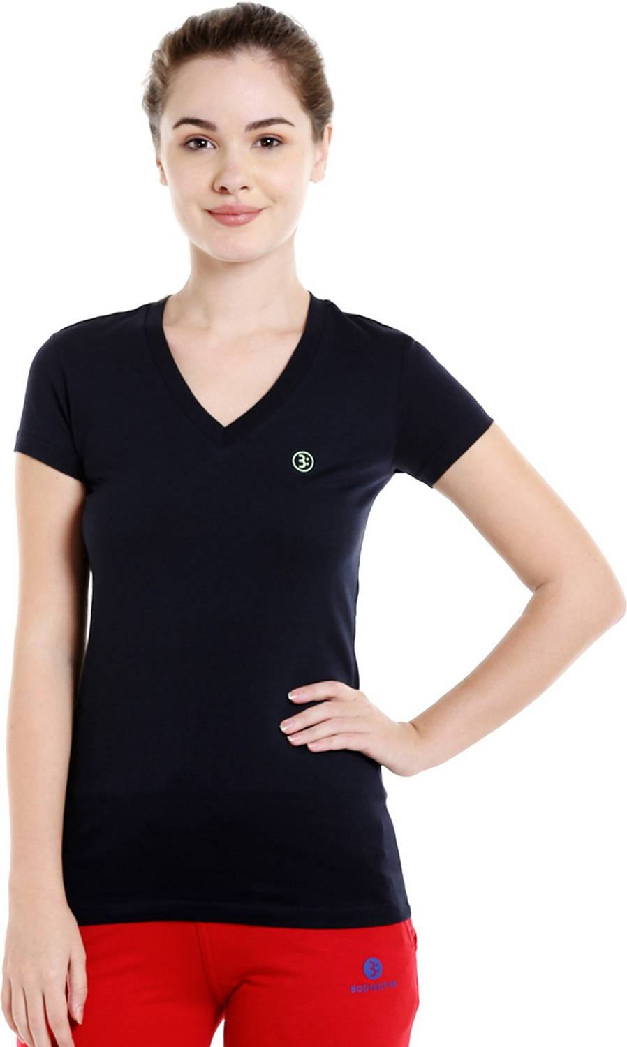 BODYACTIVE Solid Women V Neck Blue T-Shirt