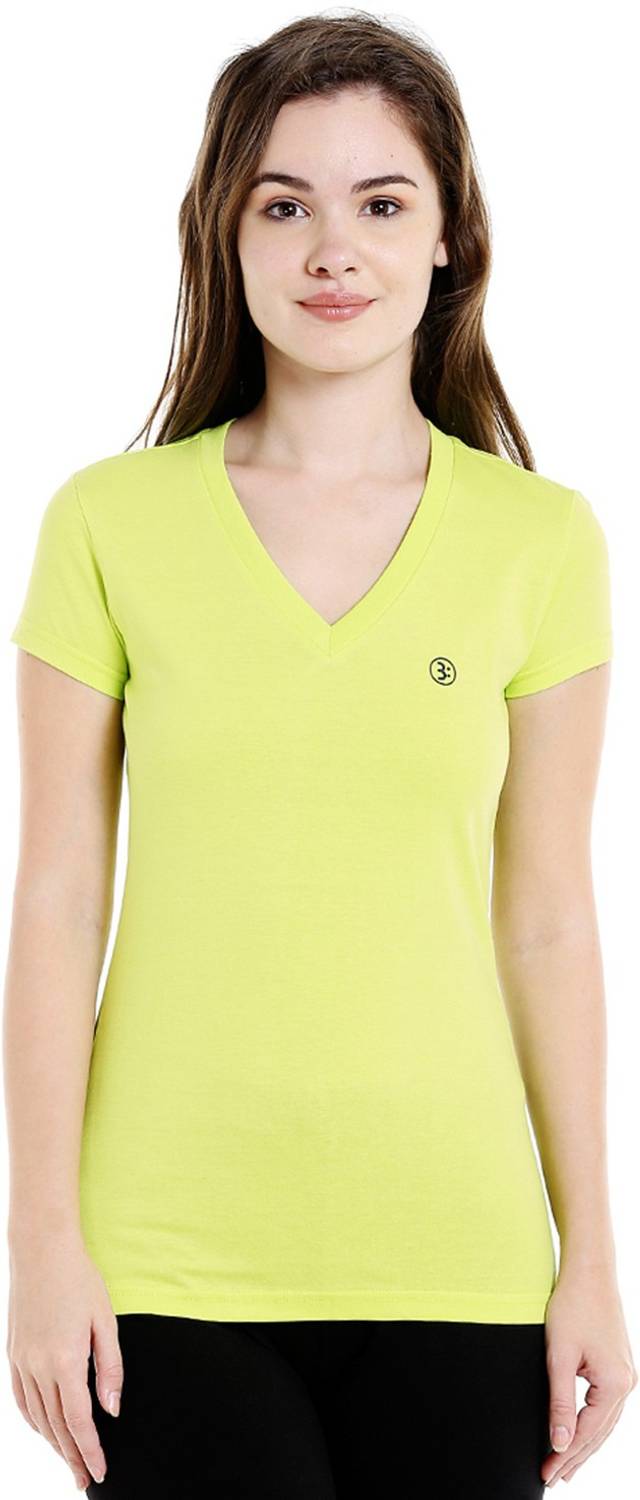 BODYACTIVE Solid Women V Neck Light Green T-Shirt