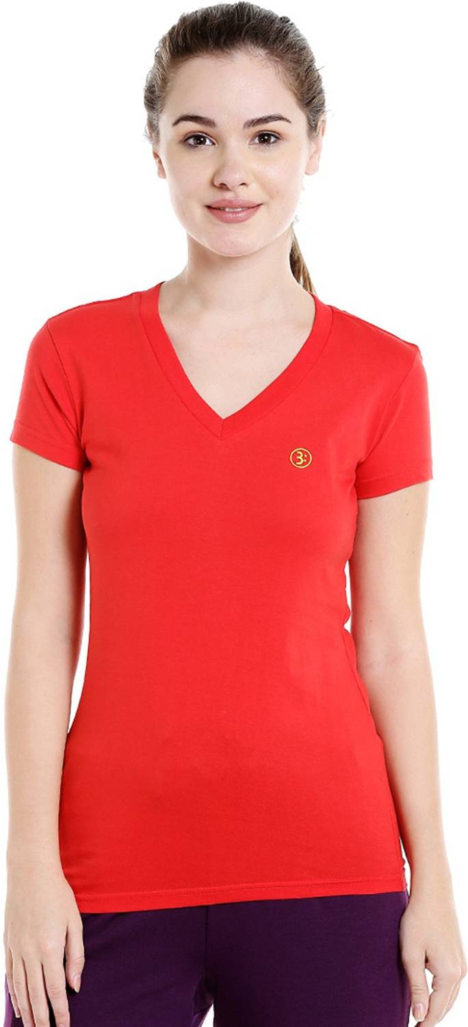 BODYACTIVE Solid Women V Neck Red T-Shirt