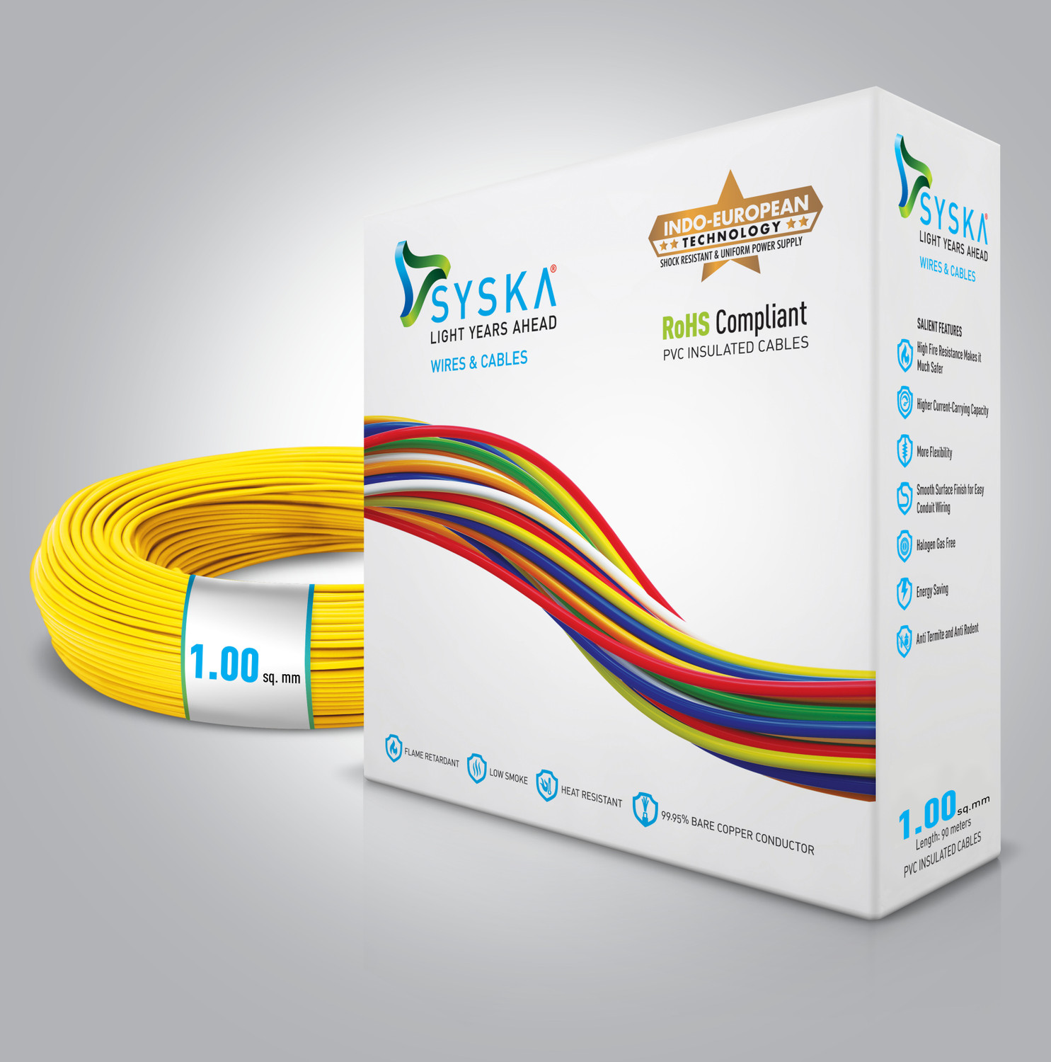 Image of Syska FR PVC 1 sq /mm Yellow 90 m Wire