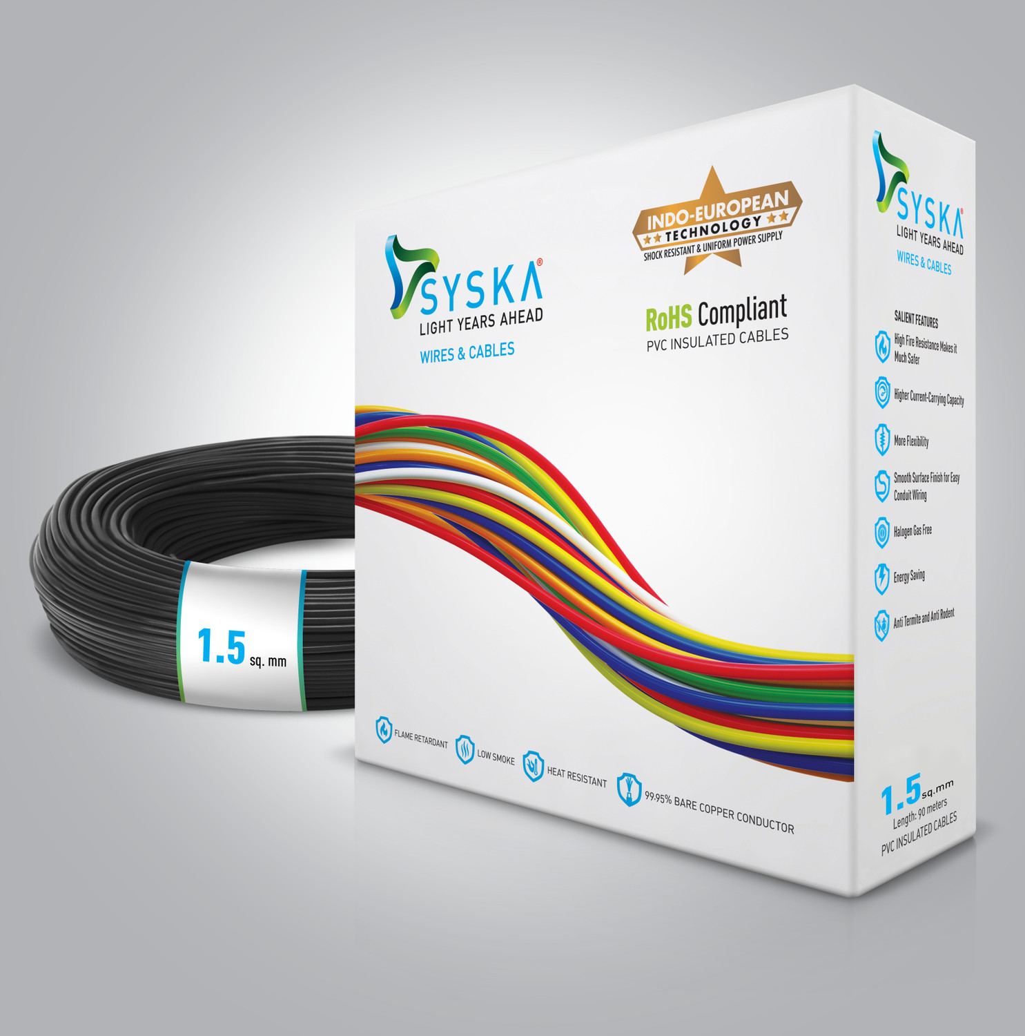 Image of Syska FR PVC 1.5 sq /mm Black 90 m Wire