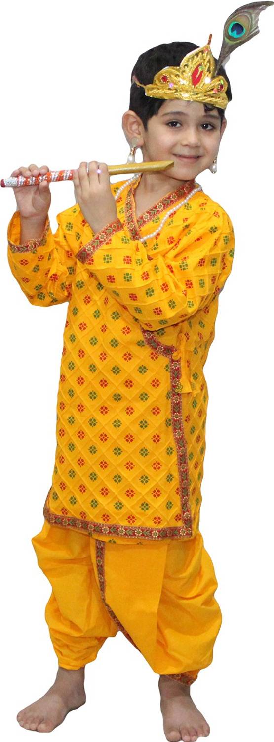 KAKU FANCY DRESSES Krishna Printed In Cotton Fabric,Krishnaleela/Janmashtami/Kanha/Mythological Character Costume -Yellow, 2-3 Years, For Boys Kids Costume Wear