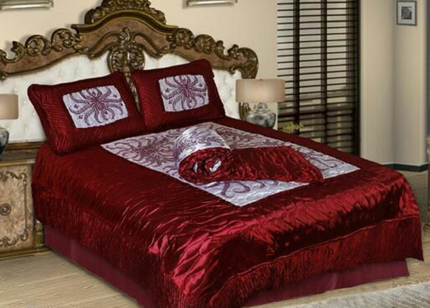Image of Kaashvi Satin Queen Sized Bedding Set (Maroon, 1 Comforter, 2 Pillow Cover, 1 Bedsheet)