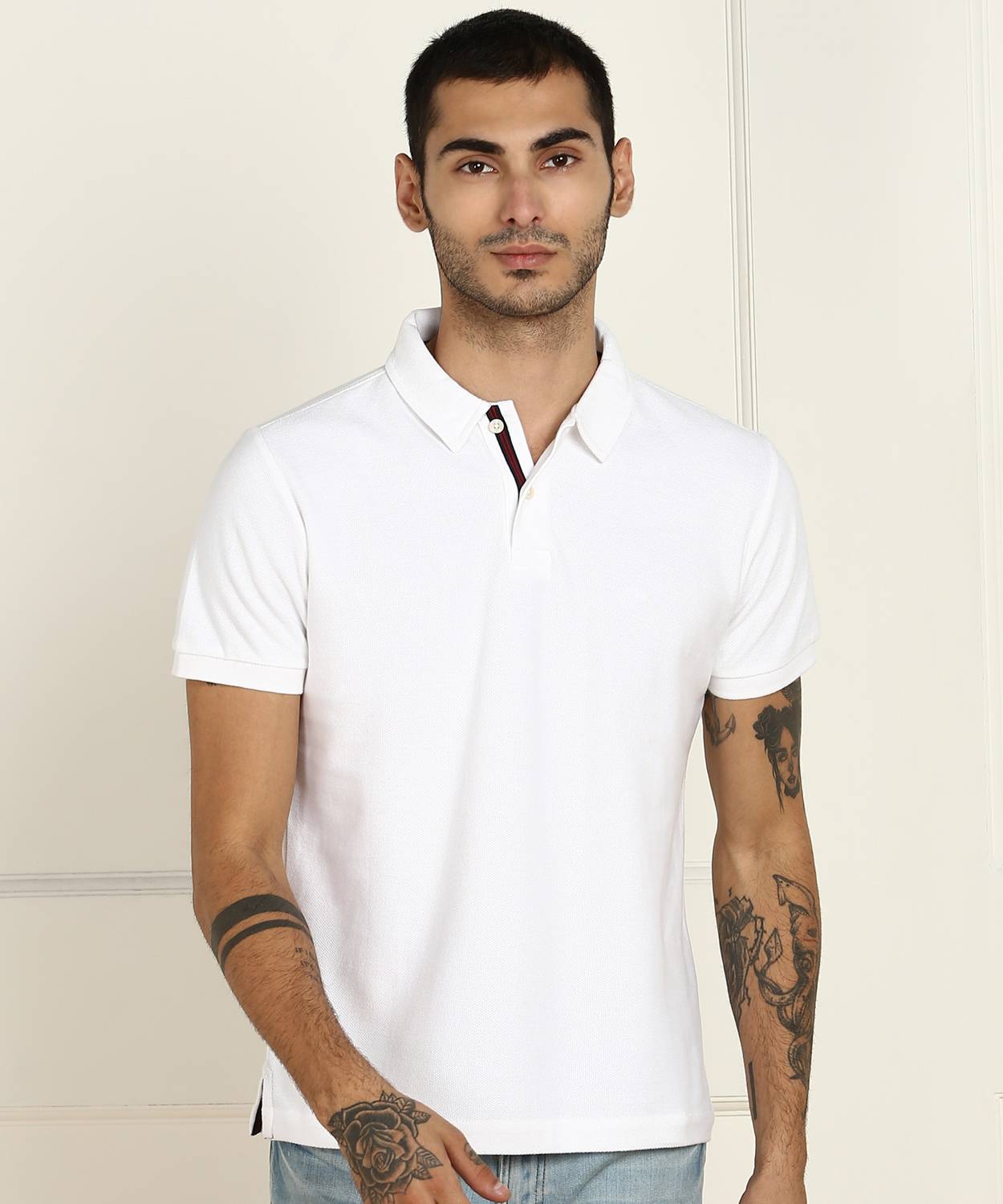 Arrow Sport Self Design Men Polo Neck White T-Shirt
