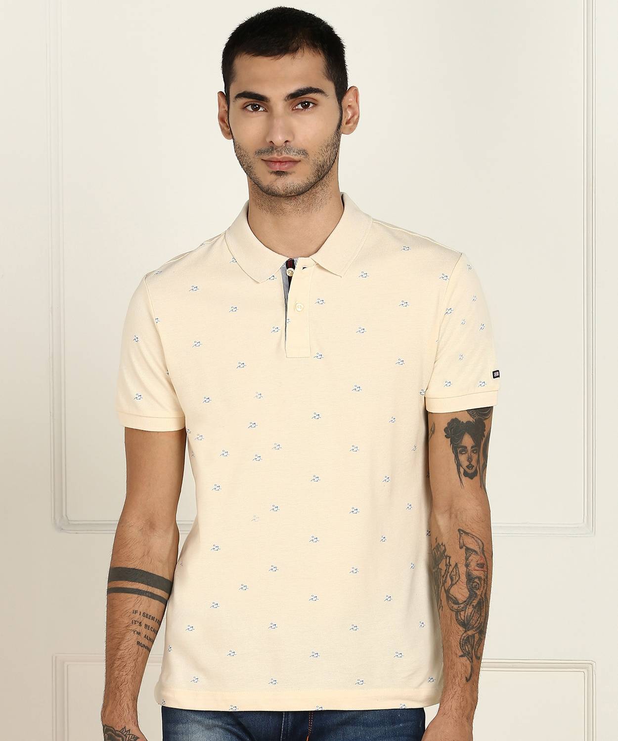 Arrow Sport Printed Men Polo Neck Beige T-Shirt
