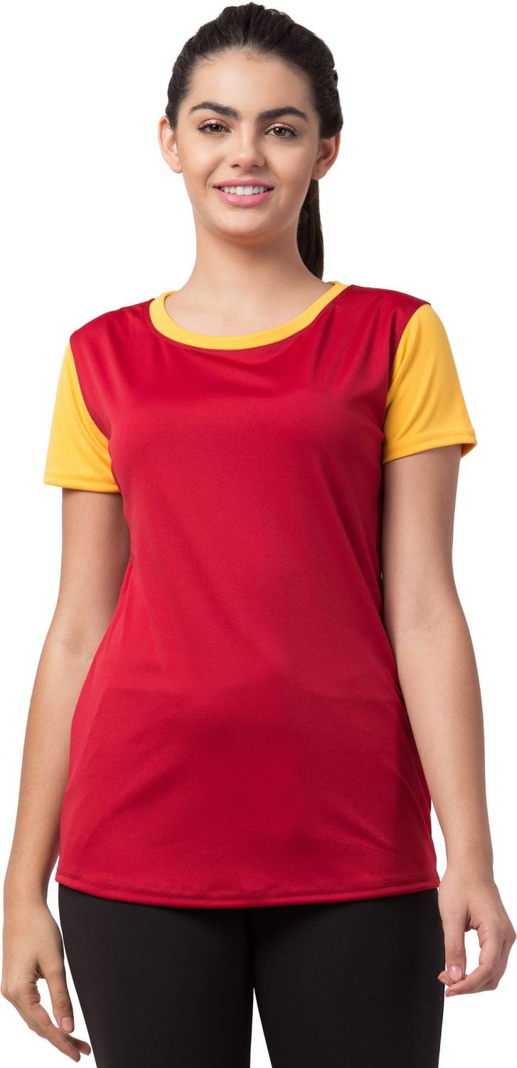 Bluecon Colorblock Women Round Neck Red, Yellow T-Shirt