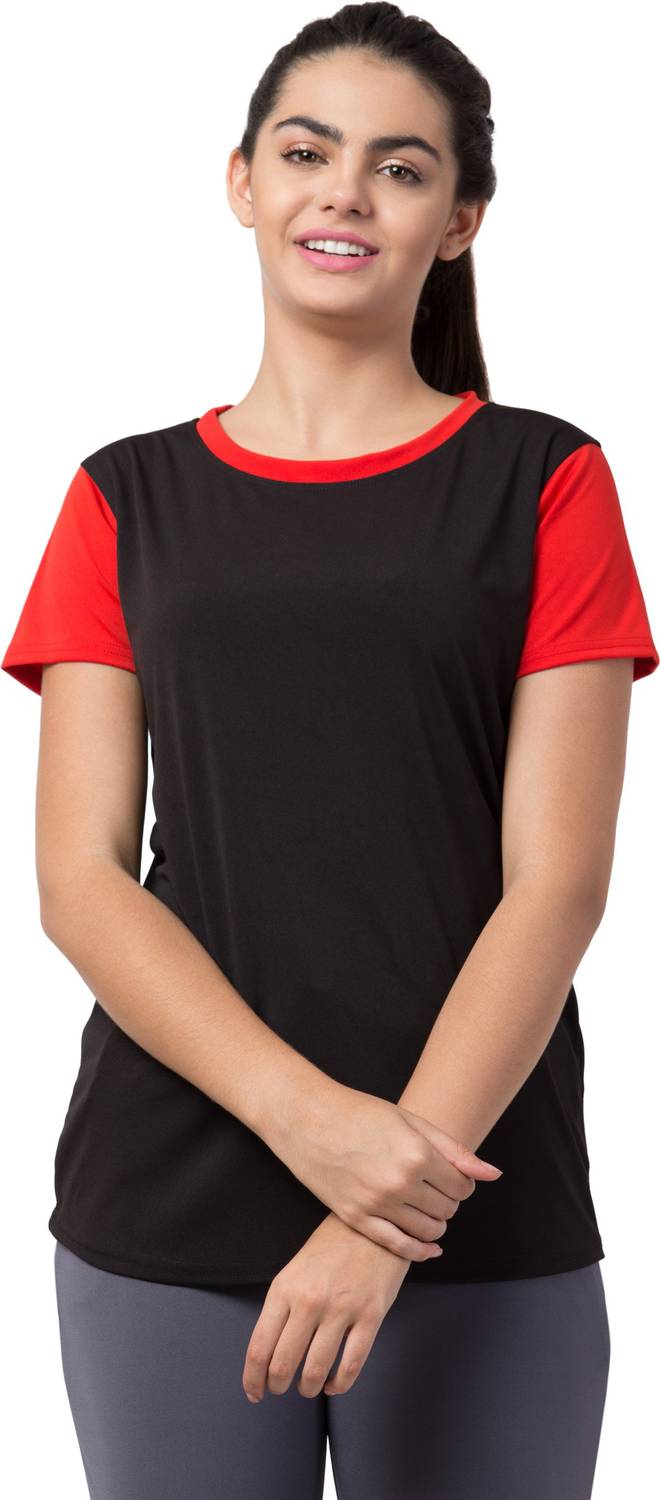 Bluecon Colorblock Women Round Neck Black T-Shirt