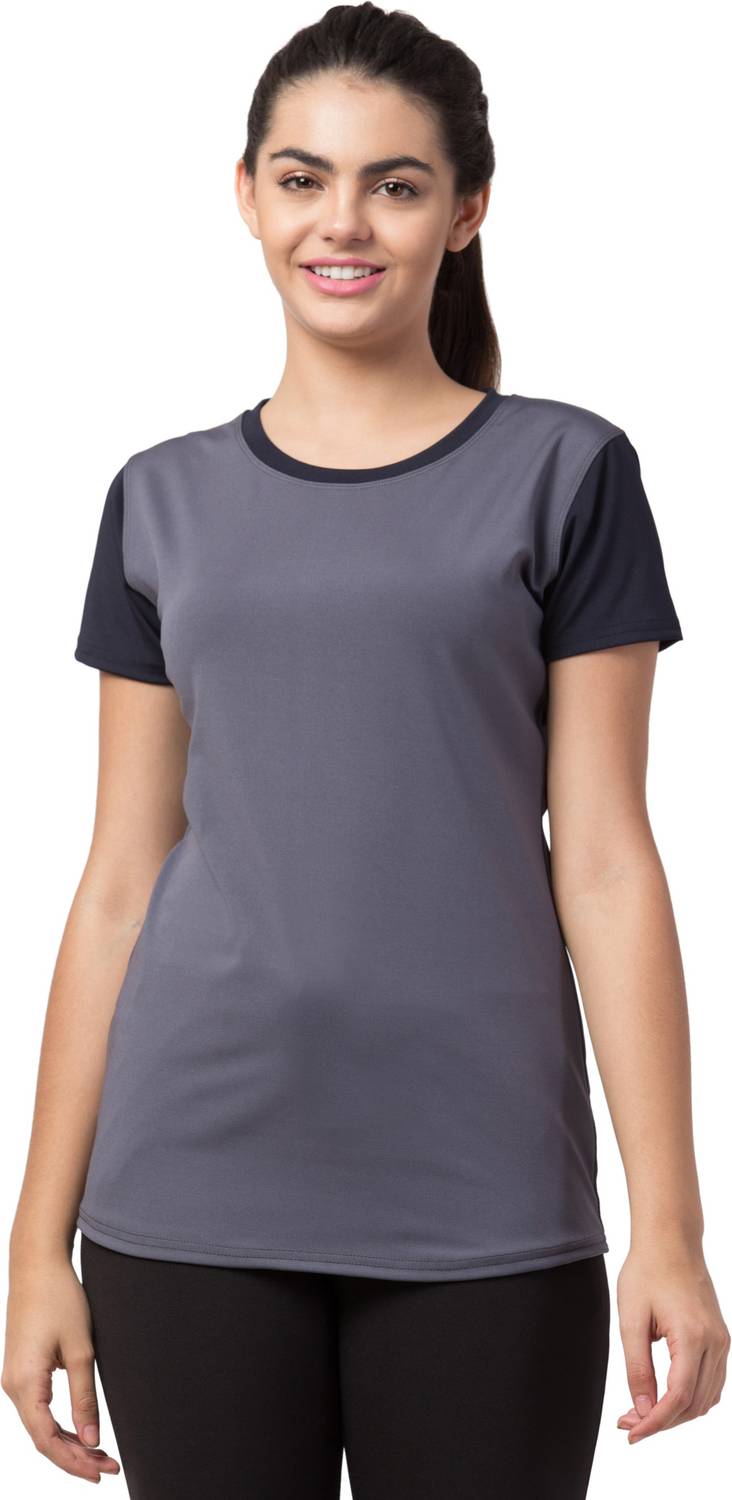 Bluecon Colorblock Women Round Neck Grey T-Shirt