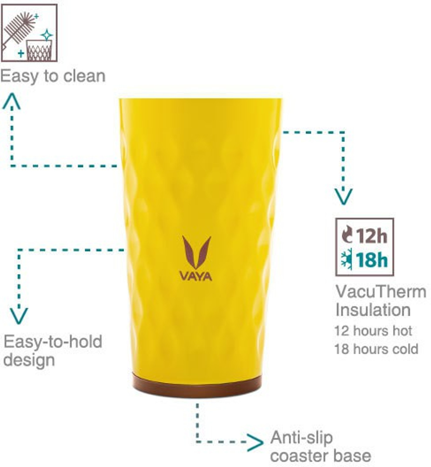 Image of Vaya Drynk Yellow Insulated Stainless Steel Thermos Flask with Gulper Lid & 2 Cups - 350 ml Steel Flask