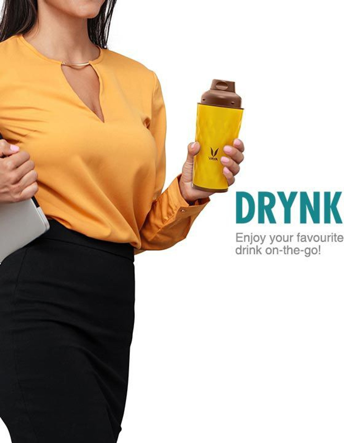 Image of Vaya Drynk Yellow Insulated Stainless Steel Thermos Flask with Gulper Lid & 2 Cups - 350 ml Steel Flask