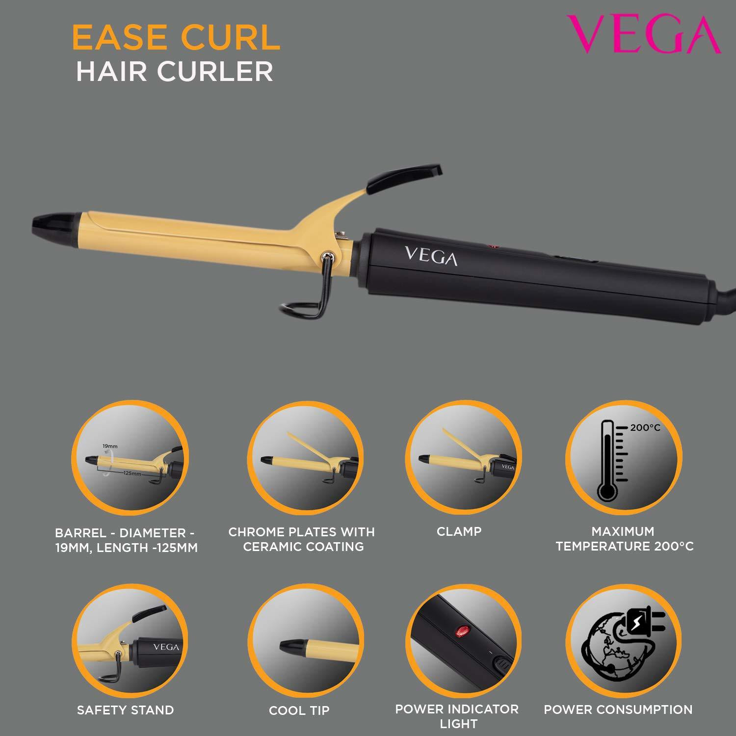 Image of VEGA Ease Curl Hair Curler- (VHCH-01) with Go Style 1200 Hair Dryer (VHDH-18) Personal Care Appliance Combo