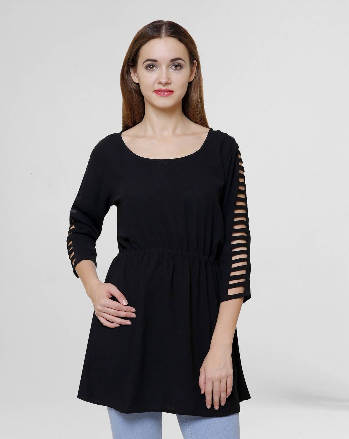 Beautylife Casual Cutout Sleeve Solid Women Black Top