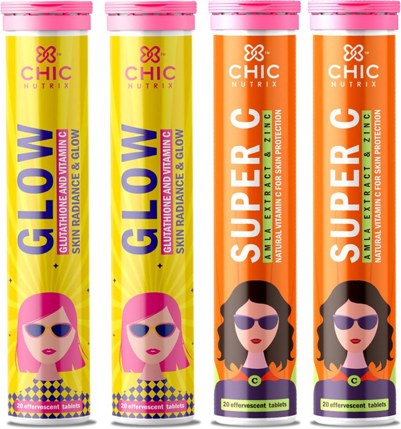 Chicnutrix Glow + Super C - 20 x 2 effervescent tablets each for Glowing & Clear skin