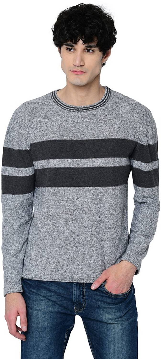 ARMISTO Self Design, Striped, Solid Round Neck Casual Men Grey Sweater