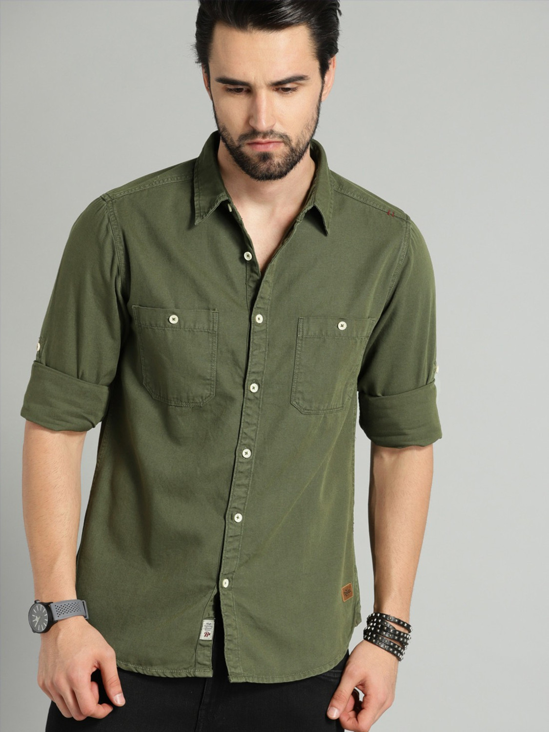 Image of Roadster Men Solid Casual Green Shirt