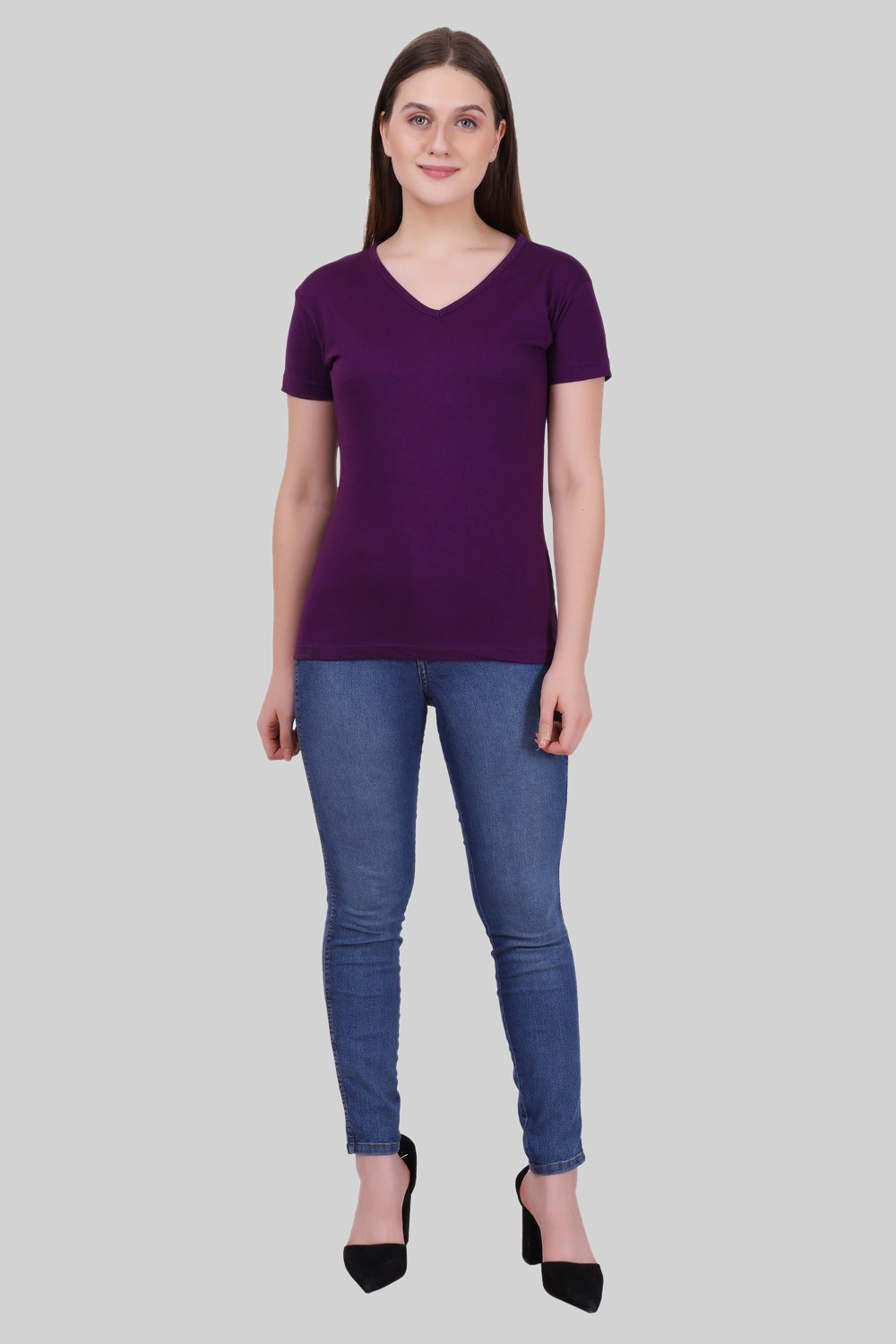 Image of Fleximaa Solid Women V Neck Purple T-Shirt