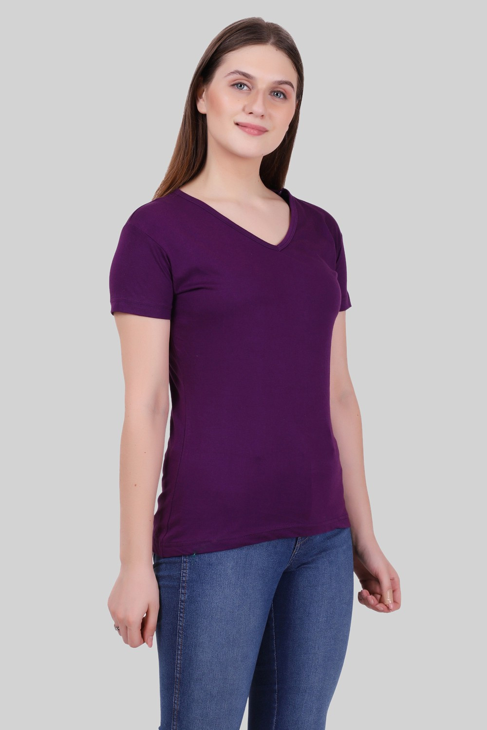 Image of Fleximaa Solid Women V Neck Purple T-Shirt