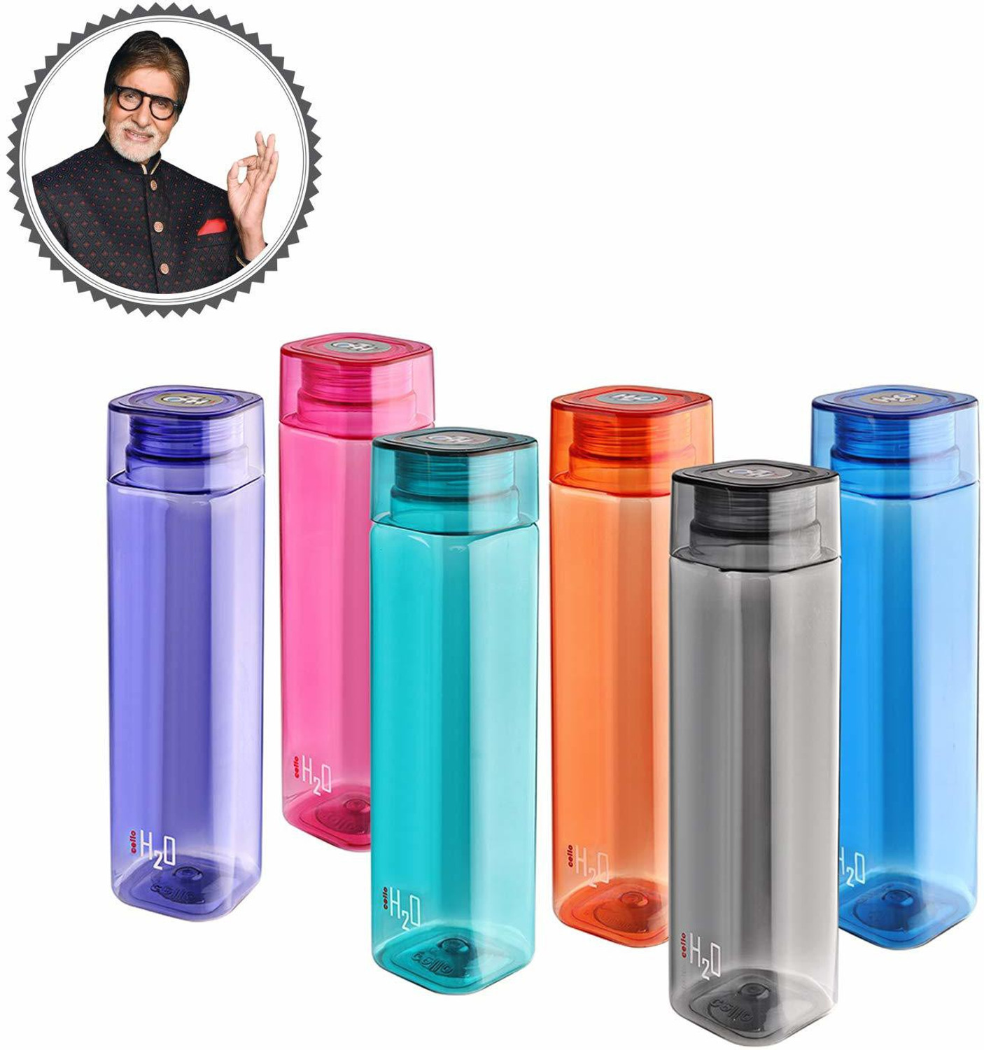 Image of cello H2O Squaremate Plastic Water Bottle Set of 6 1000 ml Plastic Bottle